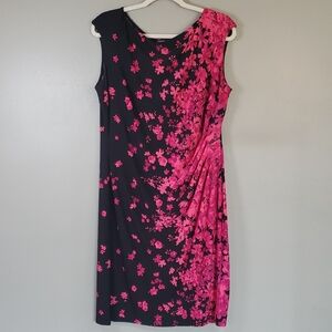 Chaps Black Dress Woth A Pink Floral Design. Side Gather, Size XL
